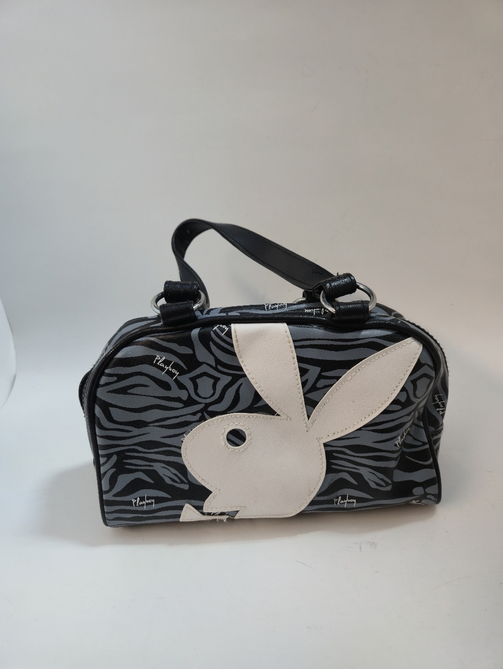 PLAYBOY Zebra Bowler Purse Bag With Handles Black And White